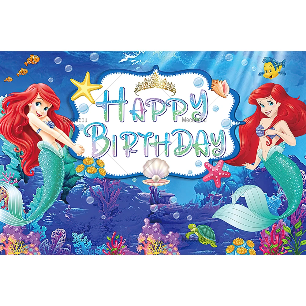 디즈니 인어 공주 배경 사용자 정의 소녀 베이비 샤워 생일 파티 배경 배너 아리엘 공주 사진 장식