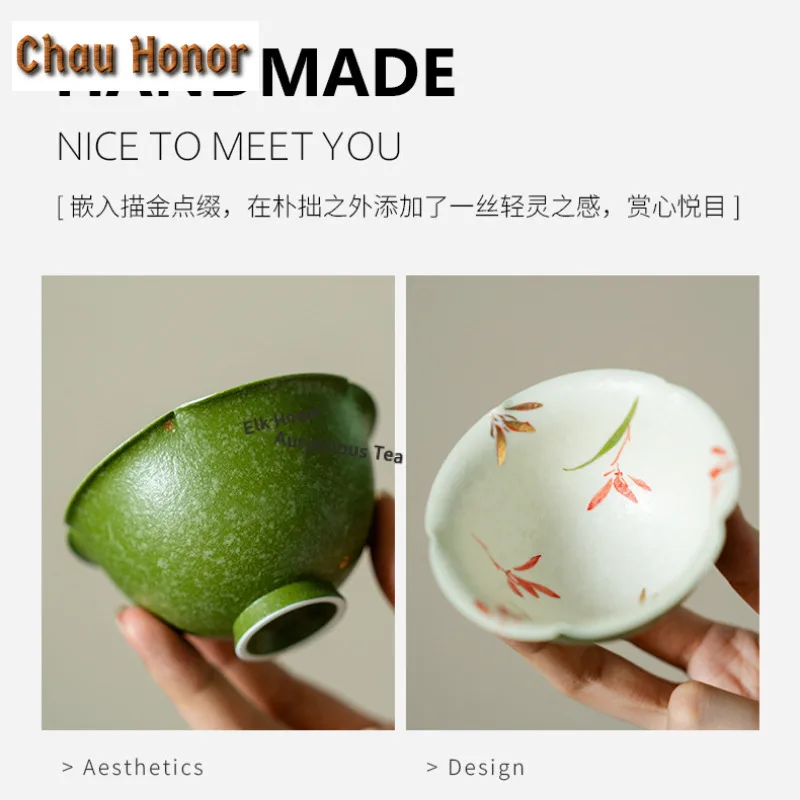 90ml Green Kumquat Galze Orchid Teacup Antique Petal Tea Bowl Tea Pair Tea-tasting Meditation Cup Jianzhan Master Cups Drinkware