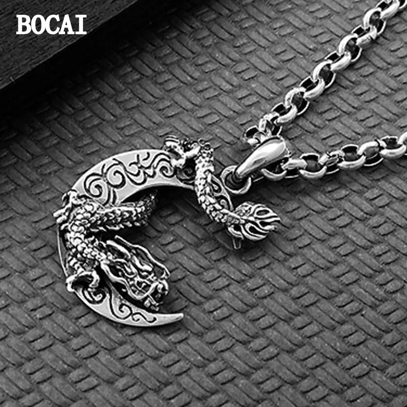 

BOCAI New 925 Sterling Silver Retro Personalized Creative Dragon Plate Moon Pendant Men's and Women's Style,