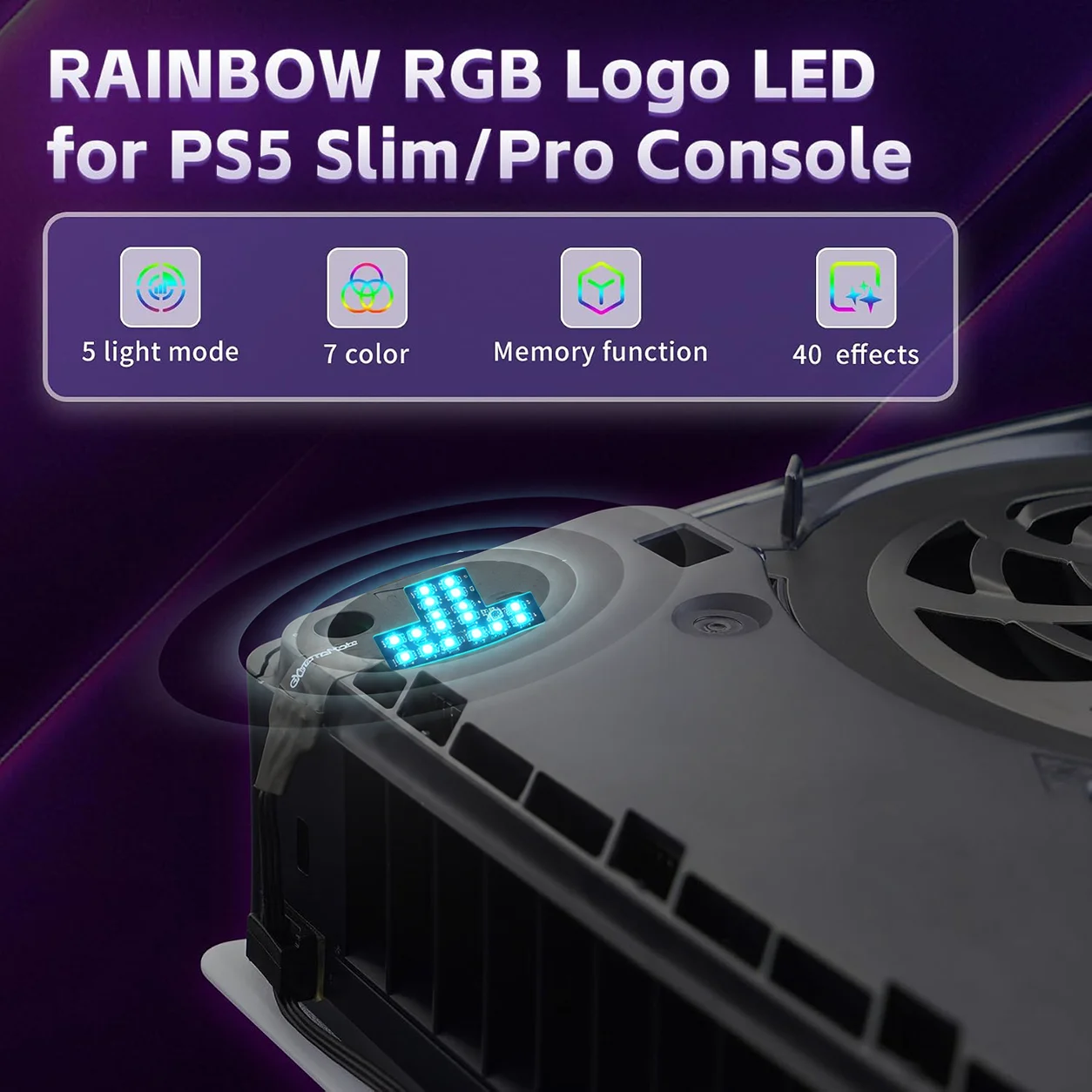 eXtremeRate for PS5 Slim/Pro Console RGB RAINBOW Logo LED Kit 7 Colors 40 Effects, Illuminated Decoration Logo LED