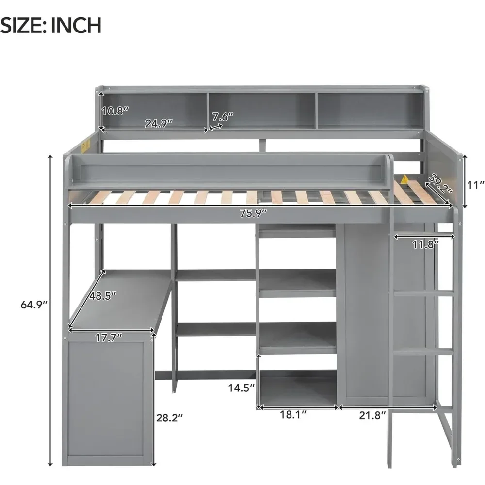 Twin Loft Bed with Desk  Wardrobe Solid Wood Loft Bed with Desk Storage High Loft Bed Frame with Bookcase Headboard and Ladder 3