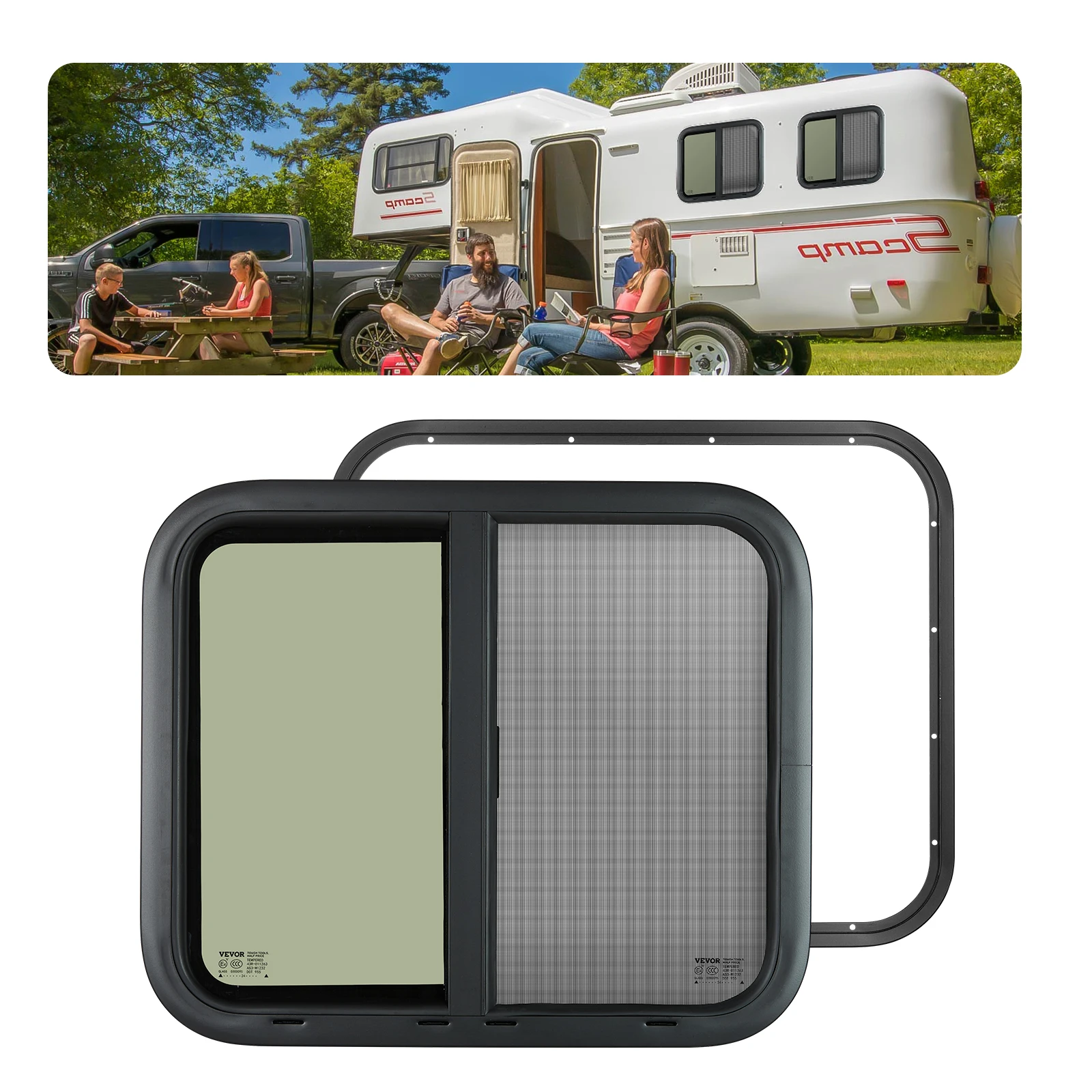 Tinted Horizontal RV Window with Net Screen and Trim Ring
