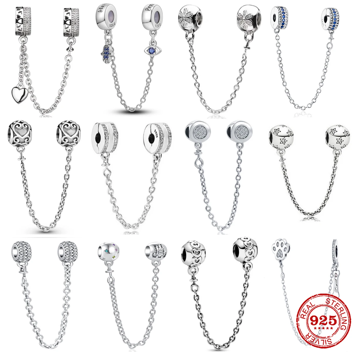 

Silver 925 Sparkling Clear Sparkle Crown Pea Safety Chain Charm Bead Fit Original Pendant Bracelet Pendant DIY Jewelry For Women