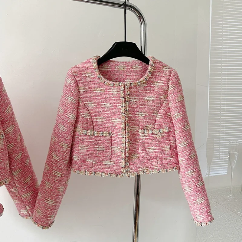 

Small Fragrance Vintage Fashion Pink Tweed Short Jacket Coat For Women Clothing France Temperament Long Sleeve Woolen Outerwear