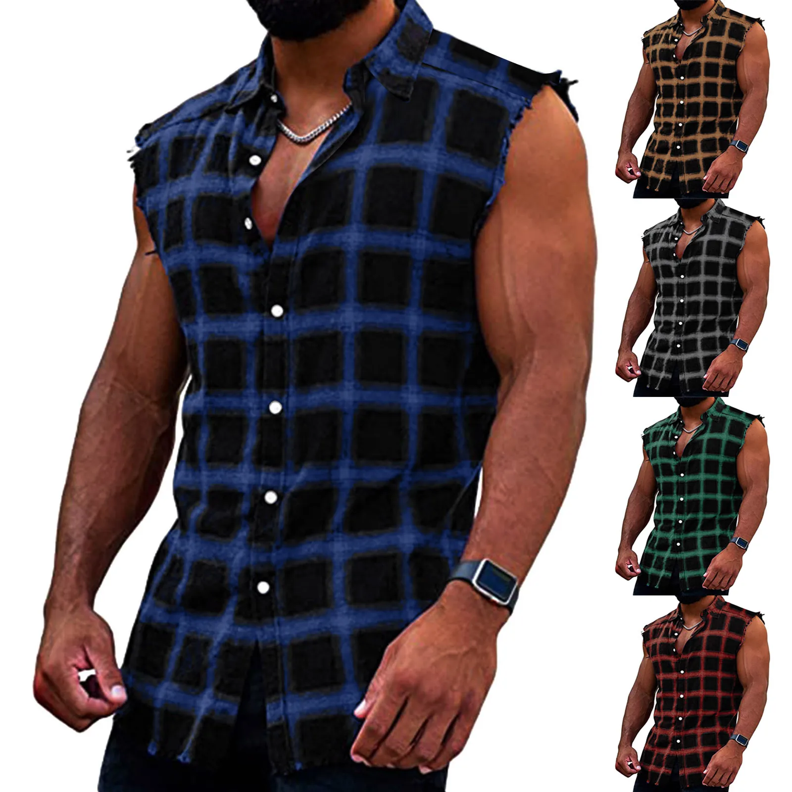 Mens Large Tall Shirts 2024 Summer Fashion Casual Plaid Print Buckle Sanding Sleeveless Shirt Vest Workout Clothing