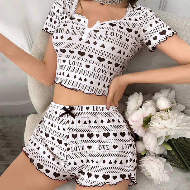 Womens Cute Love Heart Print Pajama Set Short Sleeve Crop Top Shorts Two Piece Lace Trim Lettuce Hem Y2K Loungewear Sleepwear