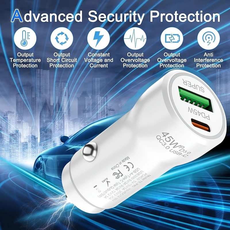 고속 차량용 충전기 PD 45W QC 3.0 듀얼 포트 USB C & A 시거잭 어댑터 (LED 라이트 포함) 스마트폰 태블릿 아이폰 17용