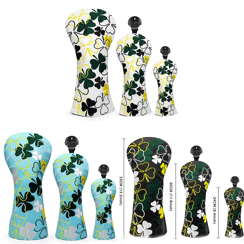 

Golf Club Head Covers White Golf Club Wood Cover Lucky Clover Golf Driver Cover Fairway Wood Cover Hybrid Cover Leather Golf Hea