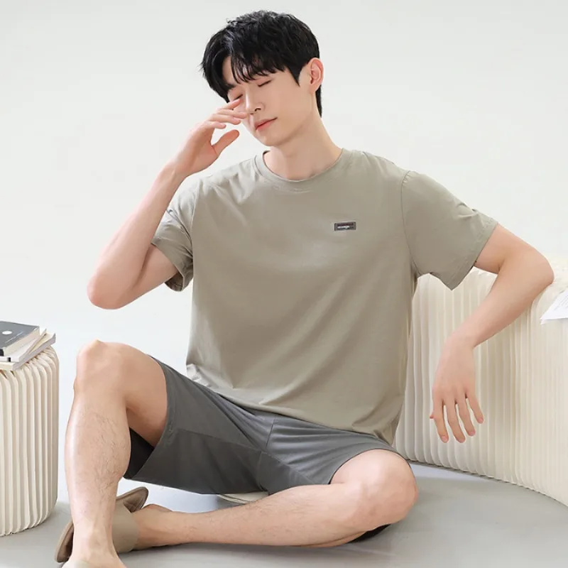 Men Summer Pajamas Pullover Short Sleeves Tops Shorts Sleepwear