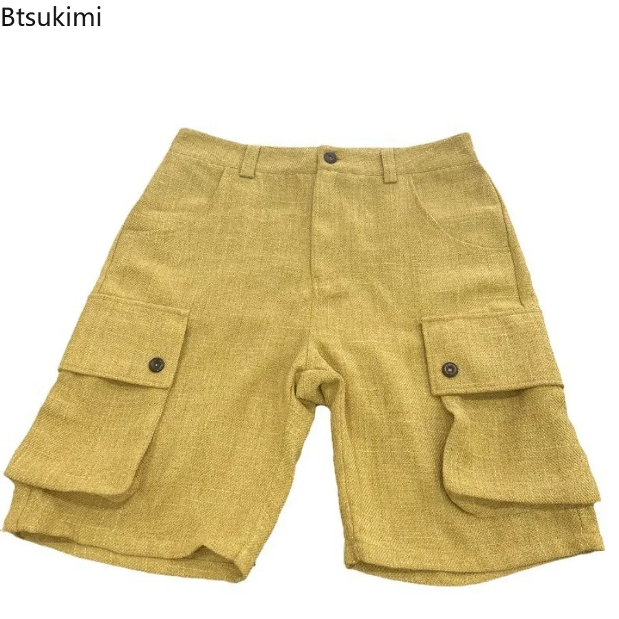 2024 Fashion Men's Patchwork Cargo Shorts Multi-pockets Retro Loose Casual Short Pants Men Summer Beach Shorts Trend Streetwear