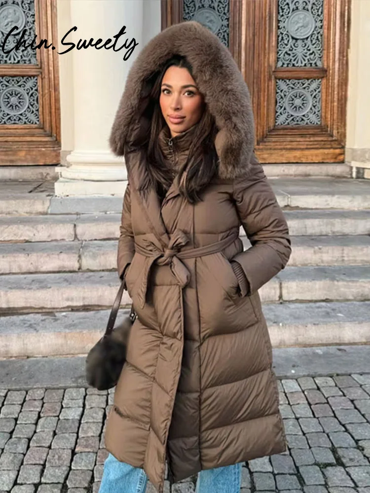 2025 Winter Cotton Hoody Fur Collar Women Coat Thicken Long Sleeve Zippers Belt Pocket Female Outwear Loose Lady Streetwear