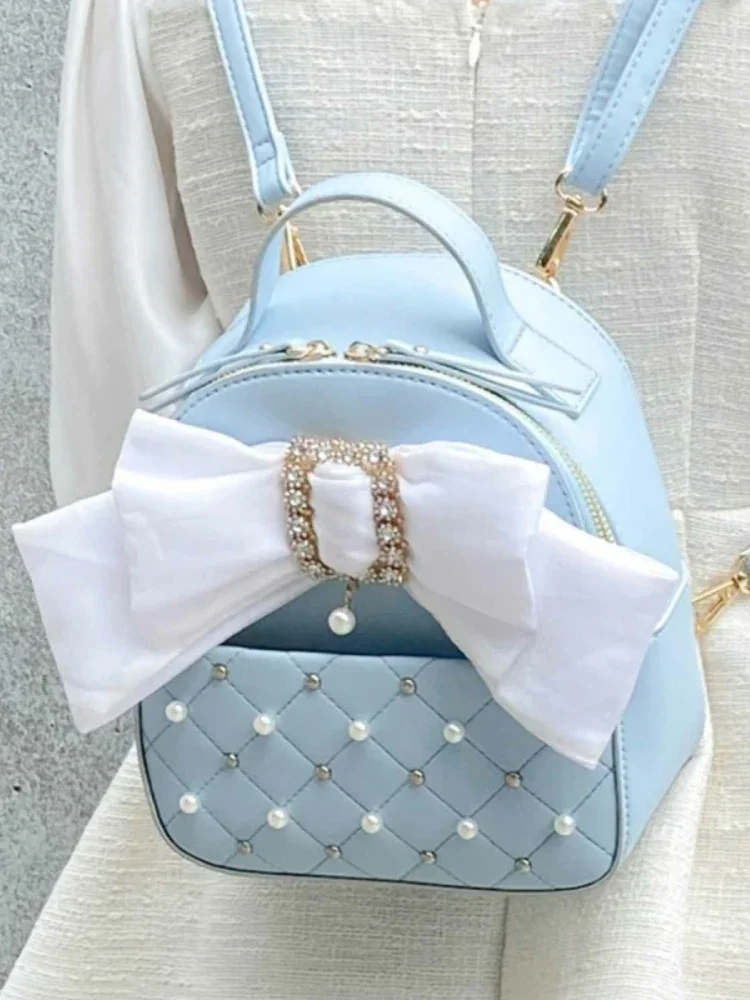 Japanese Rojita Rhinestone Bowknot Shoulder Bag Student Girls Pearl Bow Mine Mass-Produced Backpack Cute Leather Bags
