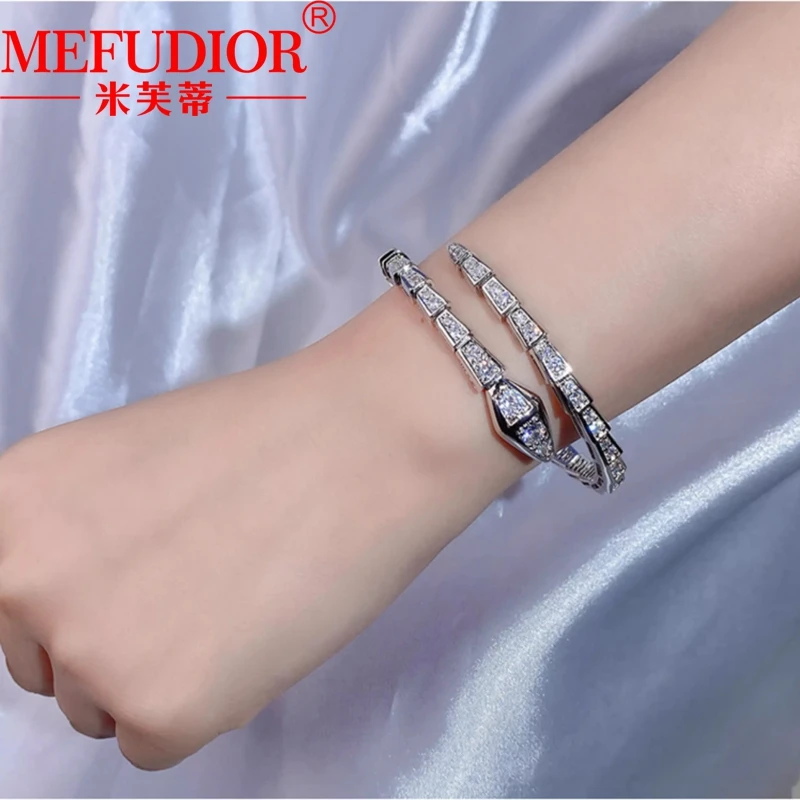 

PT950 Platinum Snake Bracelet for Women Natural Moissanite Diamonds Open Bangles Fashion High Quality Couple Party Jewelry Gifts