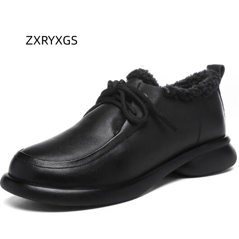 

ZXRYXGS British Winter Genuine Leather Shoes Women Flats 2023 Top Cowhide with Plush Cotton Shoes Comfort Warm Shoes Large Size