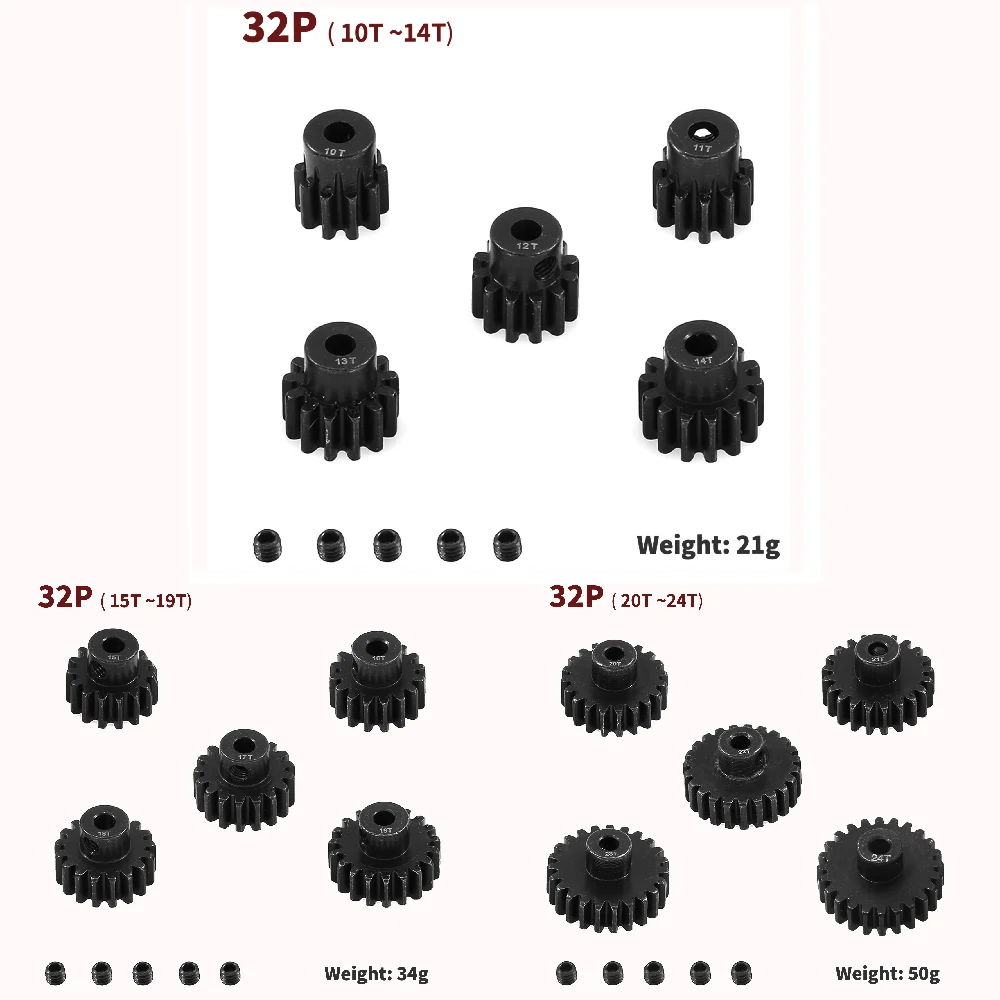 

0.8M 3.175mm 32P+(10-14T)/( 15T-19T)/( 20-24T) 45# Hardened Steel Pinion Gear Motor Gear Kit For 1/10 RC Car