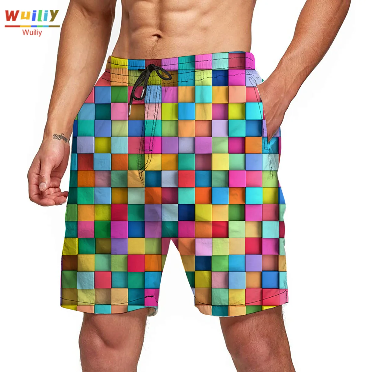 

Men's Color Block Graphic Beach Shorts 3D Rainbow Pattern Colorful Boardshorts Men/Women Hip Hop Drawst Mesh Elastic Short Pants