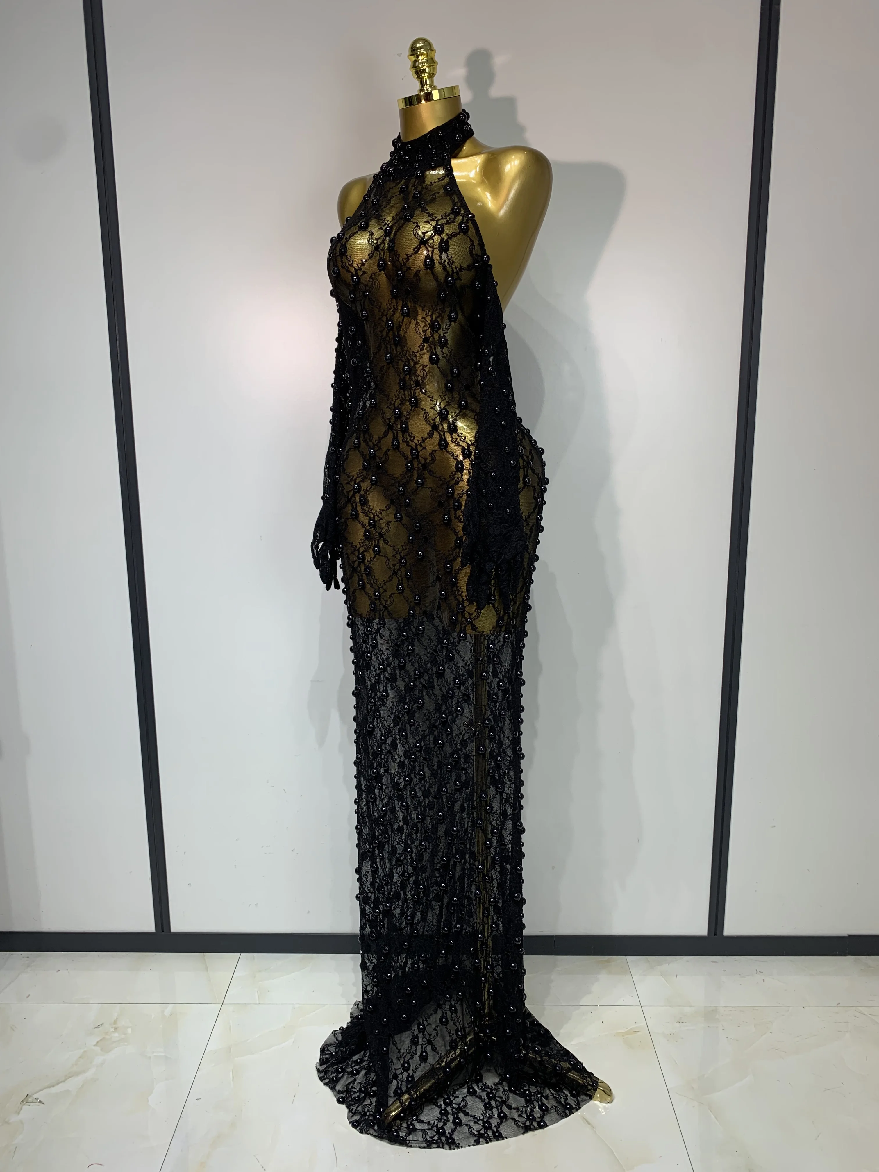 Women Luxury Black Pearls Lace Backless See Through Long Dress With Gloves Evening Club Party Celebrity Elegant Stage Costume