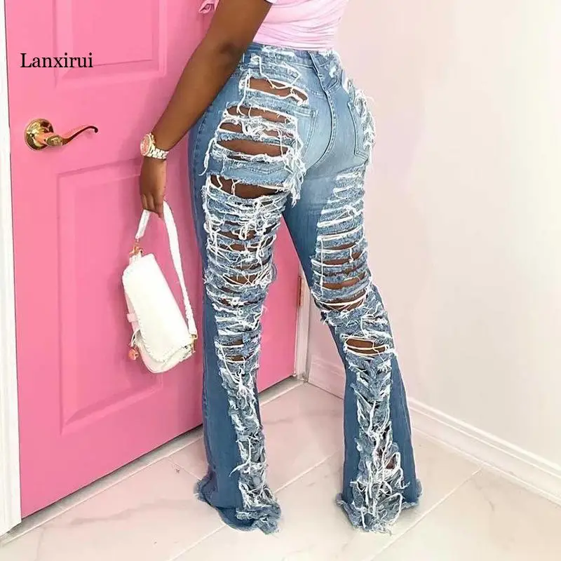 

New Women Fashion HIgh Waist Boyfriend Big Ripped Hole Jeans Casual High Street Denim Pants Sexy Vintage Straight Jeans