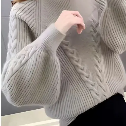 

Thickened half turtleneck sweater women lantern sleeve women's knit bottom sweater Korean fashion version loose band twist 2023