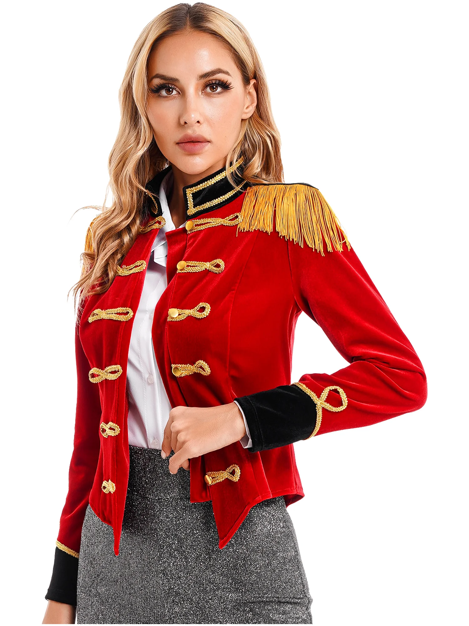 Women Circus Ringmaster Cosplay Costume Long Sleeve Disfraz Circo Fringed Shoulder Board Velvet Jacket Coat for Halloween Party