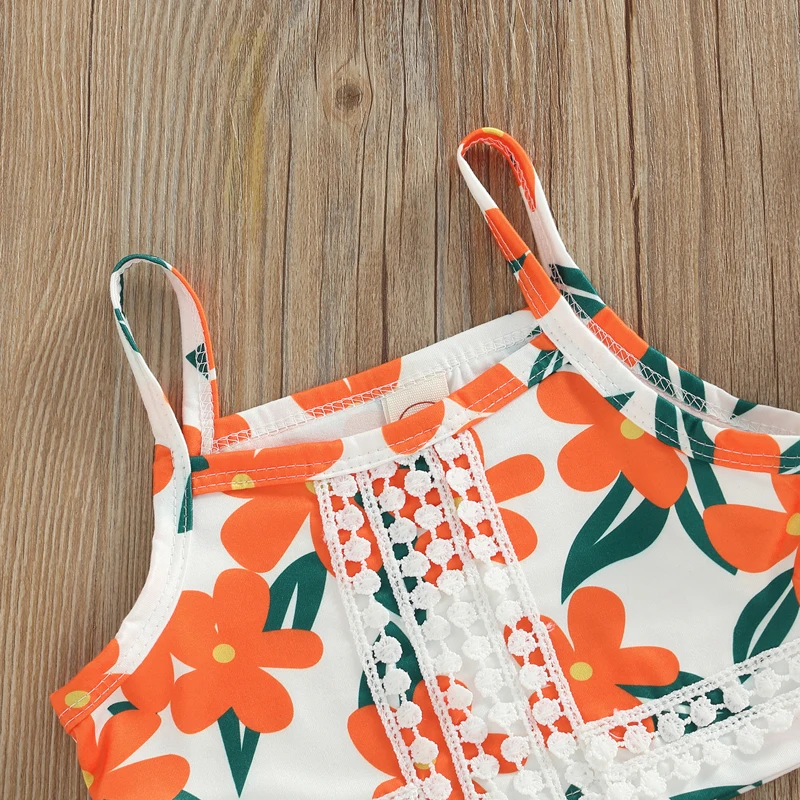 FOCUSNORM 0-4Y Lovely Kids Girls Clothes Sets 2pcs Flowers Lace Spaghetti Strap Camisole + Hollow-out Solid Skirt with Belt