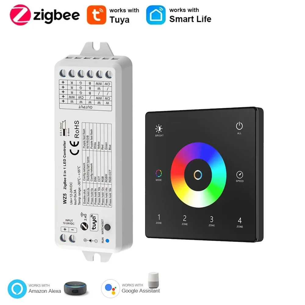 Enhanced Smart LED Controller with 5-in-1 RGBCCT Dimming and Touch Panel Switch for Voice Control Integration