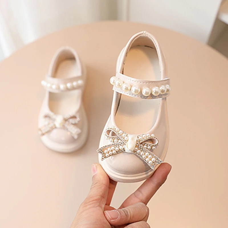Children Girls Princess Dance Flats Non-slip Spring Autumn Retro Patent Leather Pearl Bow Shoes