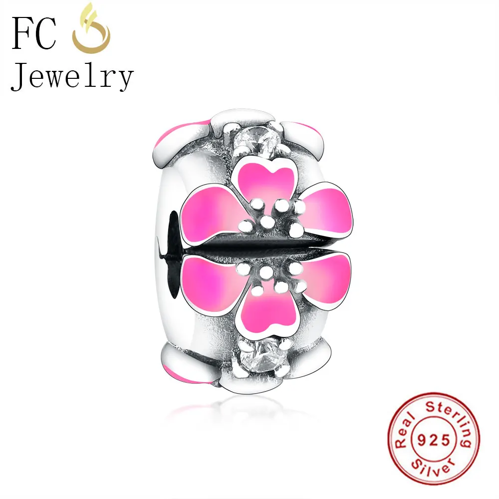 

FC Jewelry Fit Original Pan Charms Bracelet 925 Silver Cherry Blossom Pink Enamel Flower Bead Stopper Clip Making Berloque