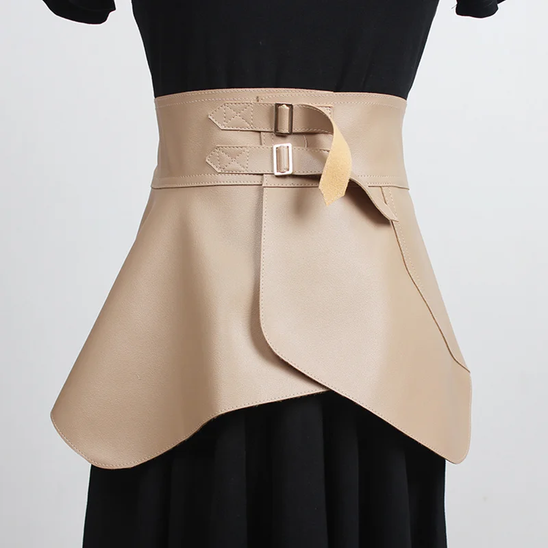 EAM Retro Ruffles Irregular Black Pu Leather Wide Belt Personality Women New Fashion All-match Spring Autumn 2026 1DD4844