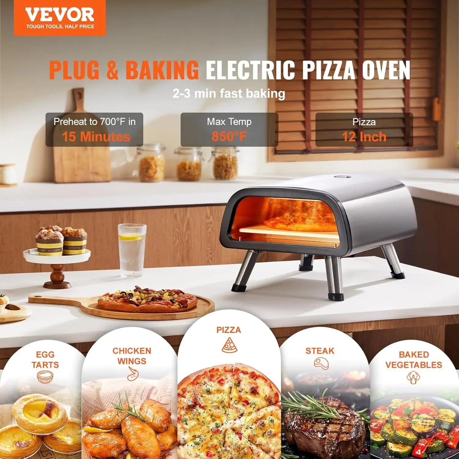 Electric Pizza Oven Countertop, Stainless Steel Pizza Maker Machine with Stone and Spatula, Heats up to 850&deg;F, M