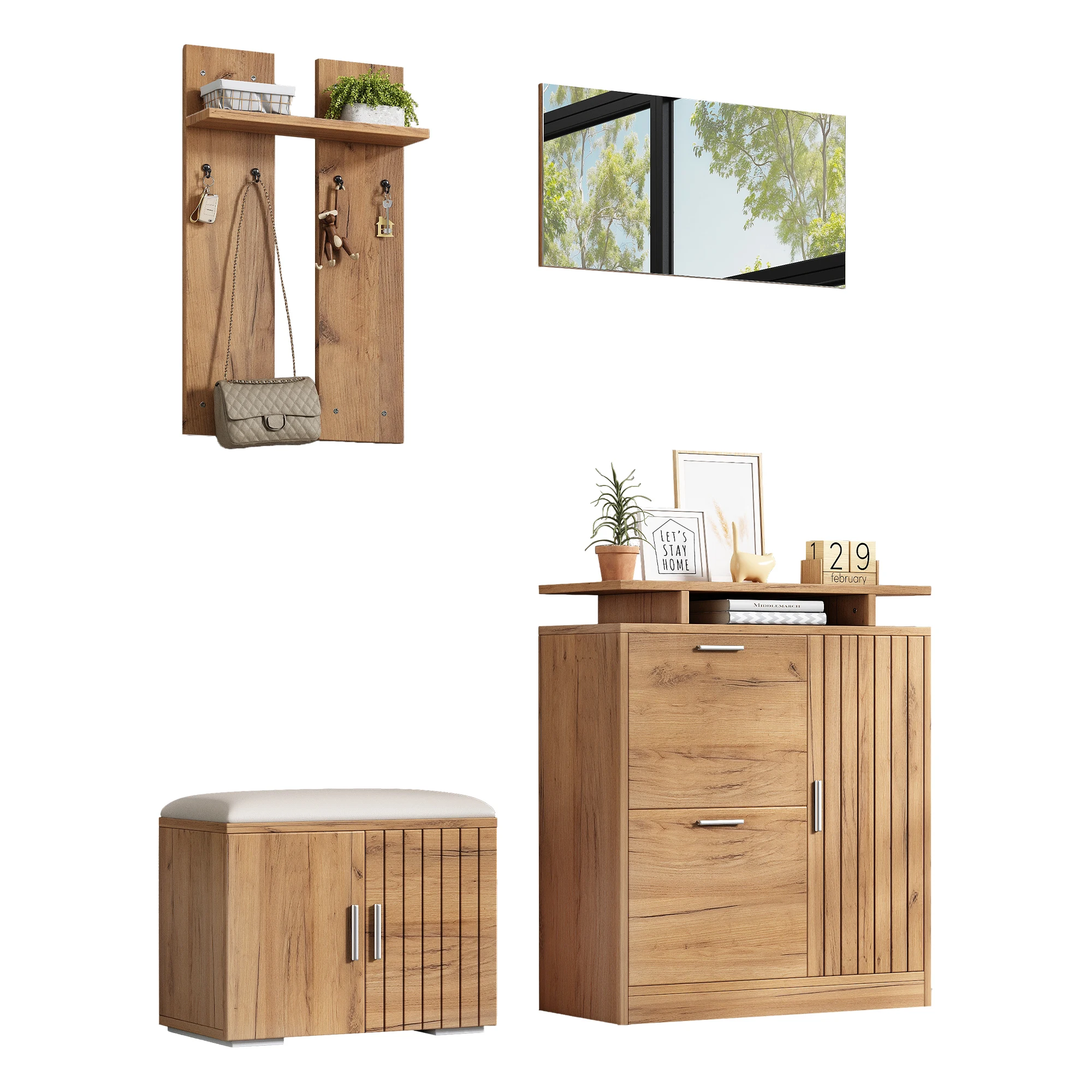 Flur-Kleiderschrank-Set, wandmontiert; Kleiderschrank-Set mit Schuhbank und Schuhschrank, 1 Spiegel, 4 Haken, 5 Türen, naturfarben – Detail 14