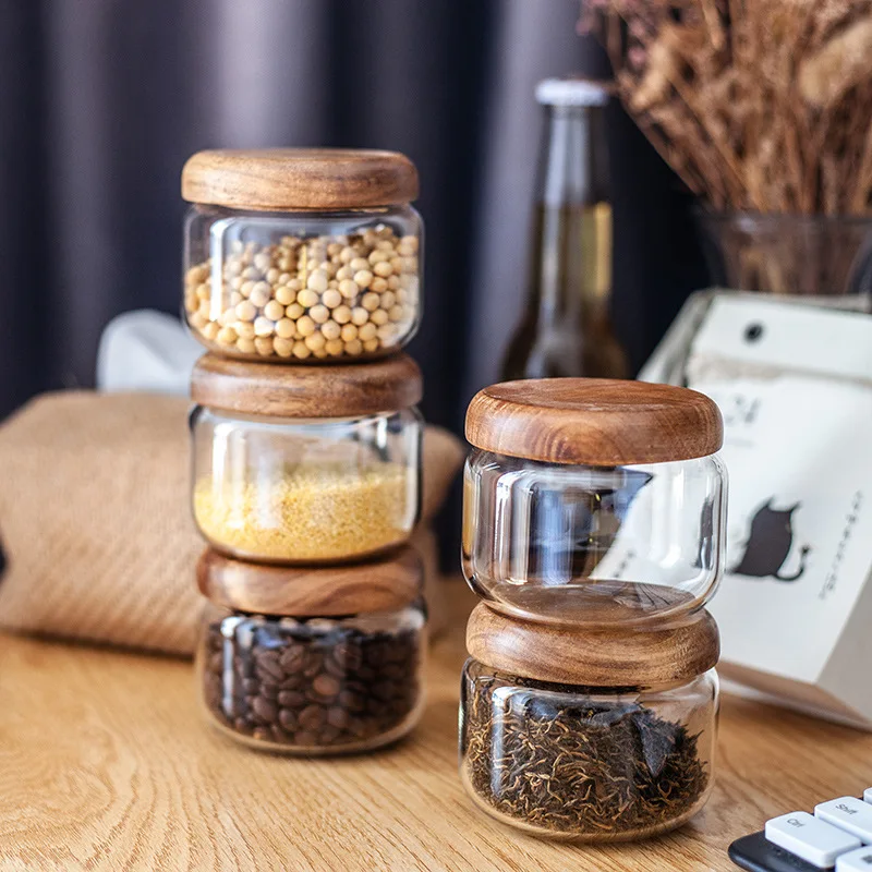 Glass Suger Jars with Acacia Wood Lid, Kitchen Airtight Spices and