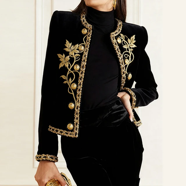 Modigirl femme automne hiver or brodé vestes 2025 nouveau velours à manches longues col rond bouton vacances de noël dames manteau 1