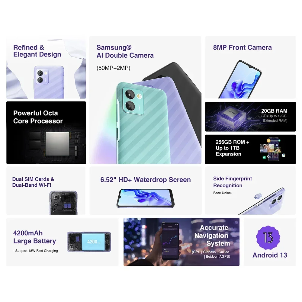 DOOGEE N50 Pro Global Smartphone Android 13 8GB+256GB 50MP Ai Main Camera 4200mAh Fast Charge Mobile Phone 6.52