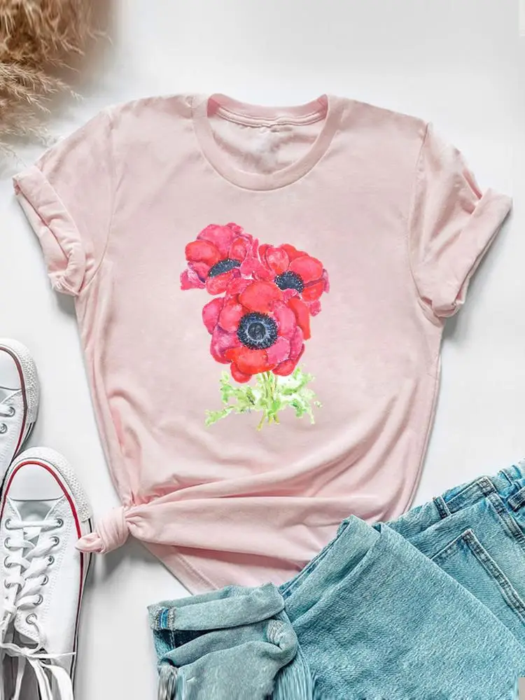 Sweet Watercolor Flower 90s Clothing Short Sleeve Tee Top Summer Graphic T Shirt Women Fashion Casual Female Print T-shirt