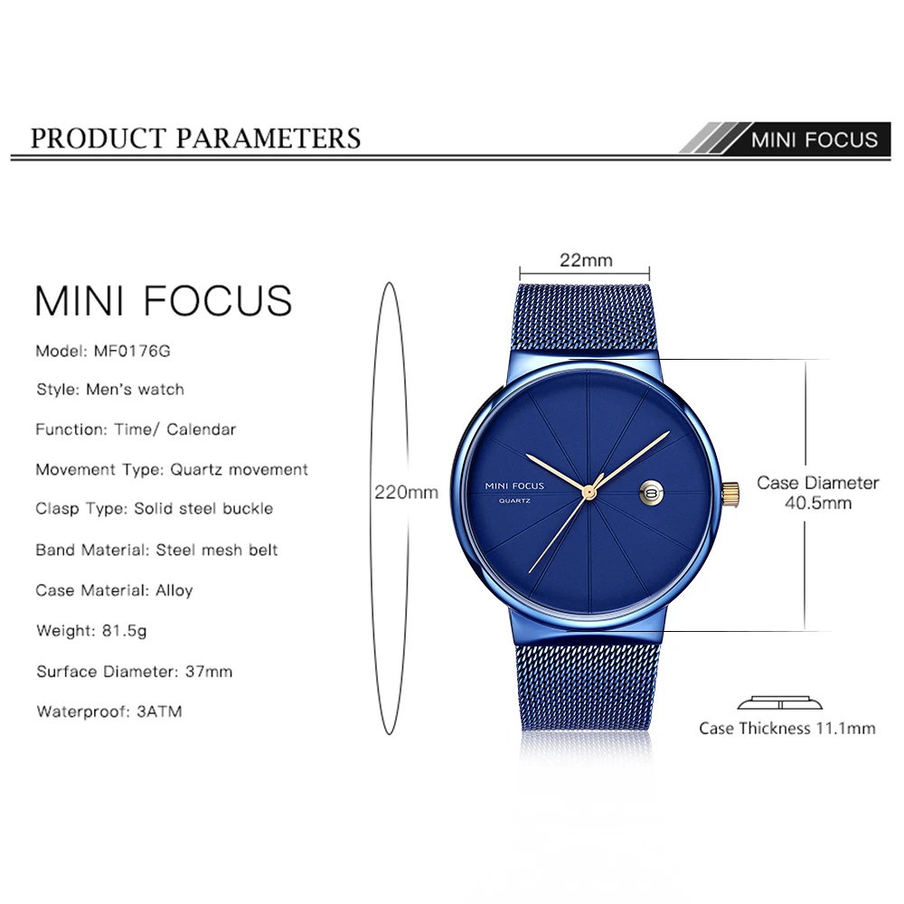 MINI FOCUS Minimalist Men's Waterproof Ultra-Thin Steel Mesh Strap Wristwatch