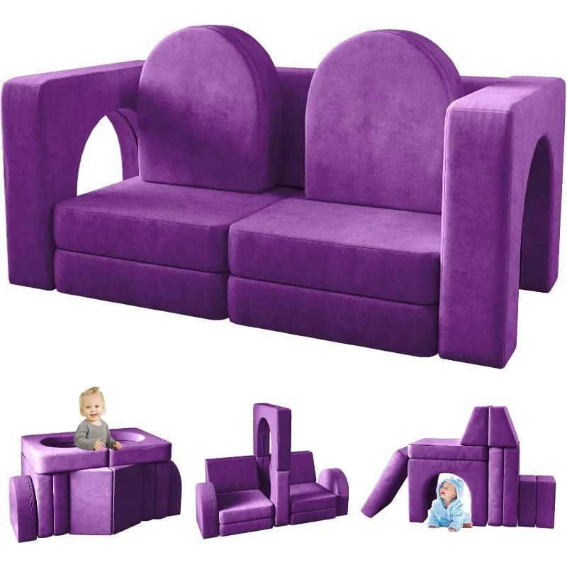 10PCS Purple Modular Play Couch for Playroom Bedroom 10 in 1 Multi-functional Sofa for Playing Creativing Sleeping Toddler Couch 2