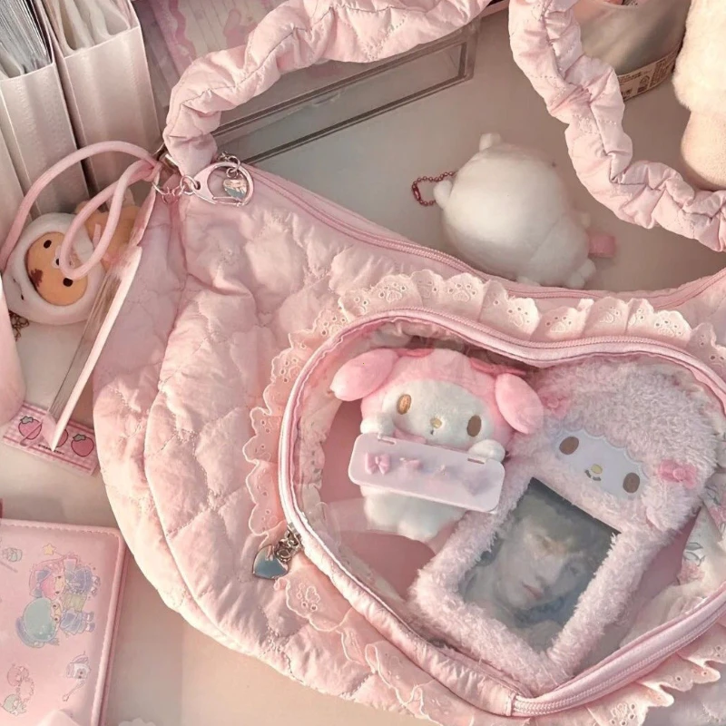 Pink Cute Womens Shoulder Bag Pleated Love Heart Lolita Jk Ita Bag Drawstring Ballet Style Sweet Fashion Female Handbag