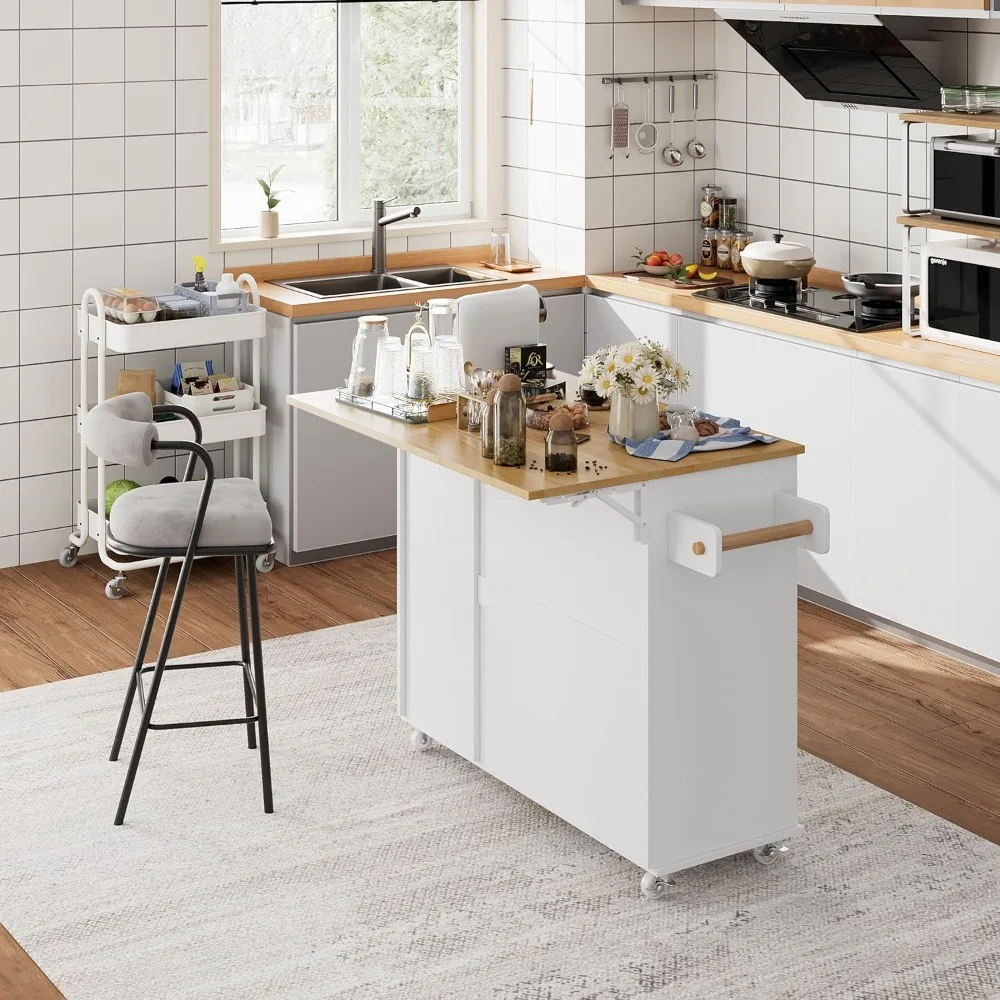 Kitchen Island with Storage, Island Table on Wheels with Drop Leaf, Spice Rack, Drawer, Towel Rack, Rolling Kitchen Island Cart 6