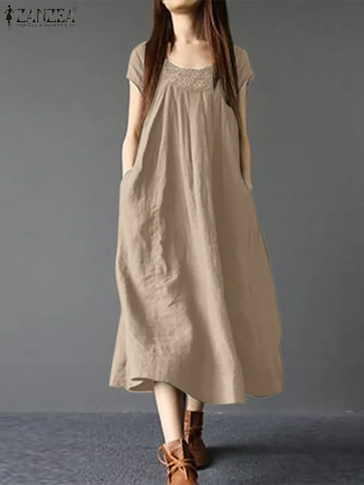

ZANZEA Vintage Patchwork Dresses For Women Summer Short Sleeve Dress O Neck Loose Vestidos Holiday Midi Sundress Robe Kaftan