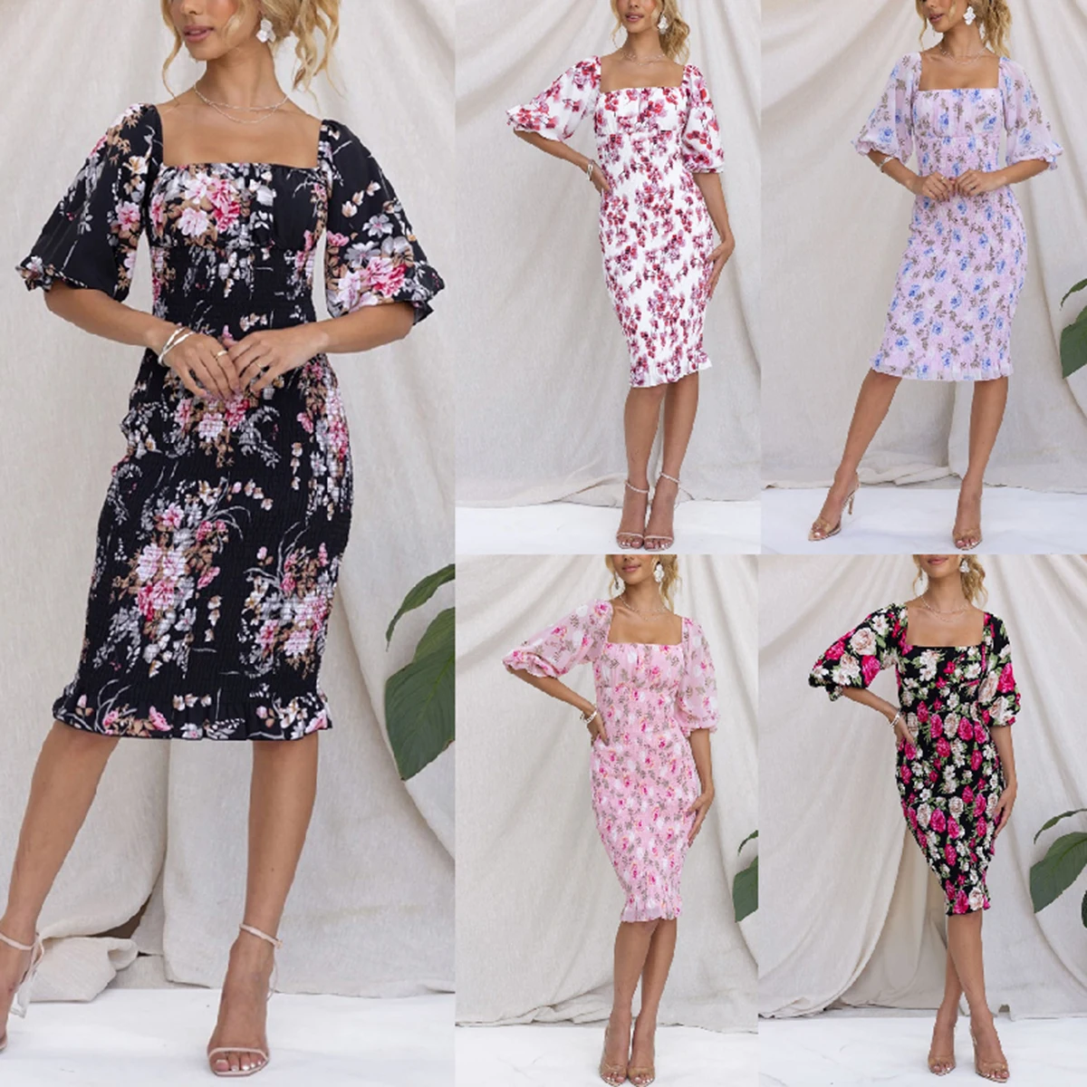 

Women Slash Neck Chest Warpping Lantern Sleeve Floral Print Slim Sheath Dress Spring Summer Casual Party Elegant Dresses