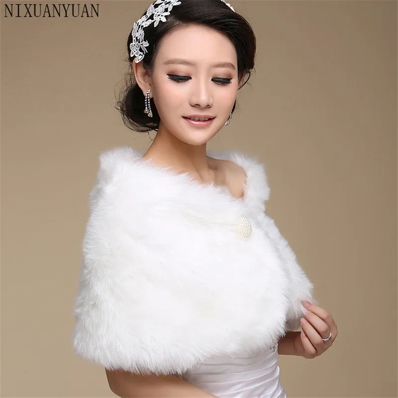 Hot Sale Fashion Elegant Warm Faux Fur Ivory Bolero Wedding Wrap Shawl Bridal Jacket Coat Accessories Pearl
