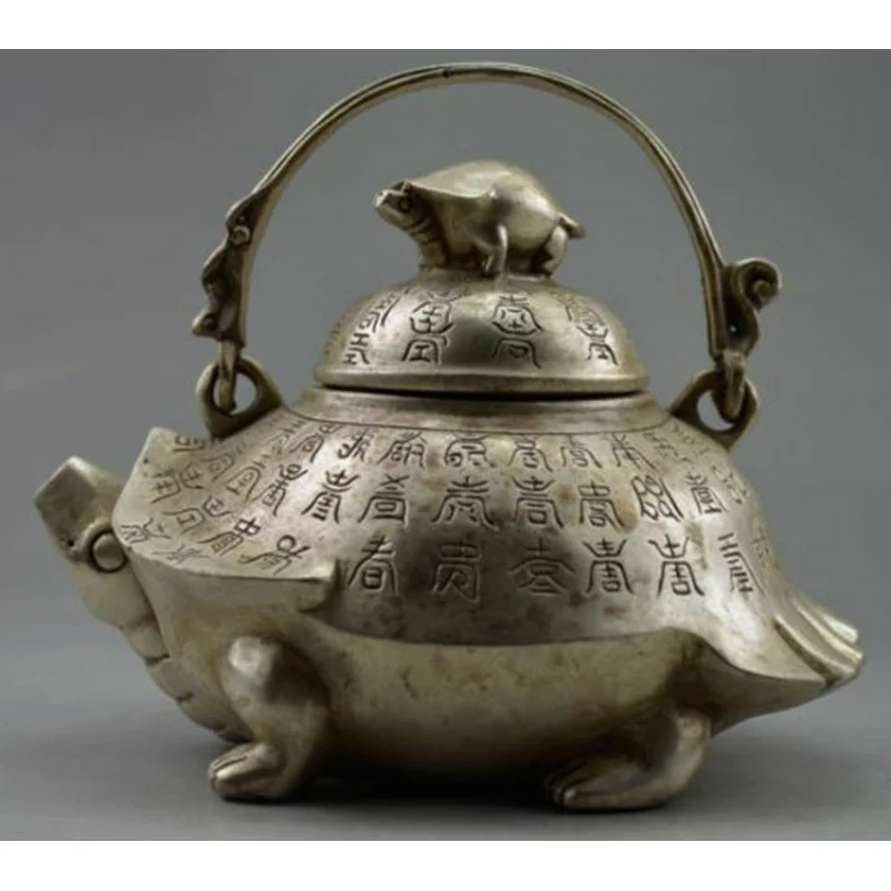 

Collection Decoration Old Handmade Tibetan Silver Carved Turtle Teapot