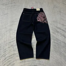 Vintage Y2K Cherry Blossom Embroidered Baggy Jeans - Unisex Wide Leg Trousers - XXL (1)