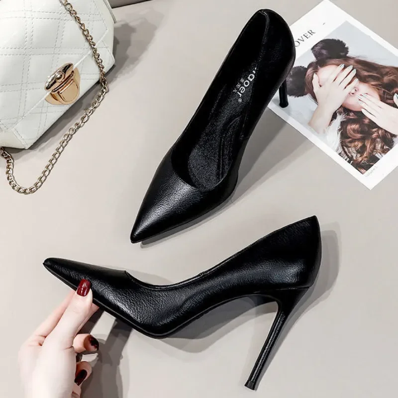 

New Soft Leather Black Professional High Heels Female Stiletto All-match Flight Attendant Single Shoes Work Shoes