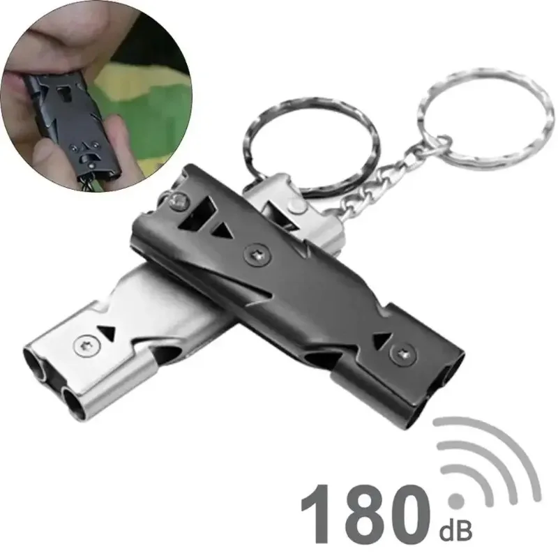 Double Tube Emergency Survival Whistle - 120dB Loud Alarm with Keychain&Lanyard for Outdoor Camping Hiking Safety (Silver/Black)