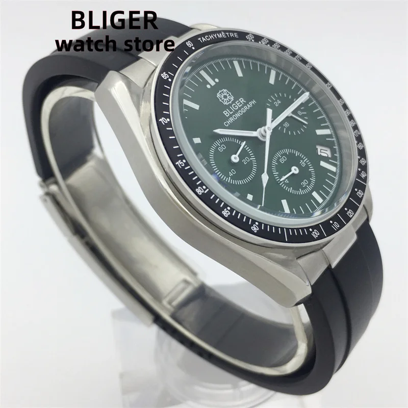 BLIGER 40mm Fashion quartz chronograph Men's watch Sapphire Glass VK63 Movement Calendar Green White black dial rubber bracelet