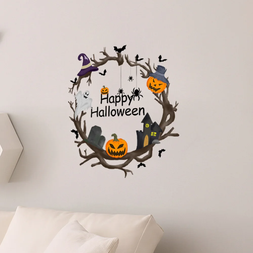 

Happy Halloween Wall Sticker Living Room Garden Door Pumpkin Bat Decoration Self-adhesive Withered Vine Wallpaper Home Decor