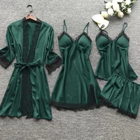 4PCS Sleepwear Pajamas Set Silk Women Nightdress Lace Dress Robe Sleep Nightwear Silk Solid Color Pijama Sets - Image 3