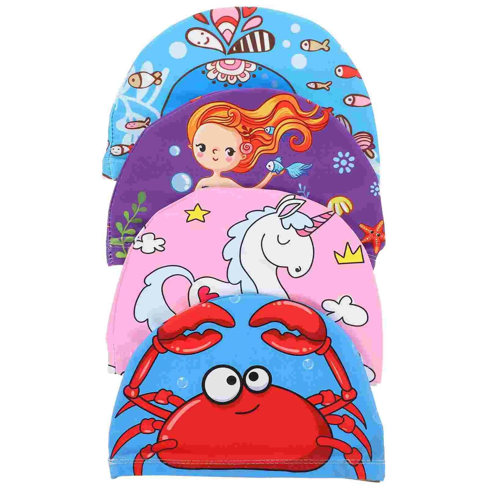 

4 Pcs Cloth Swimming Cap Girls Unisex Caps Long Hair Universal Cartoon Large Kids for